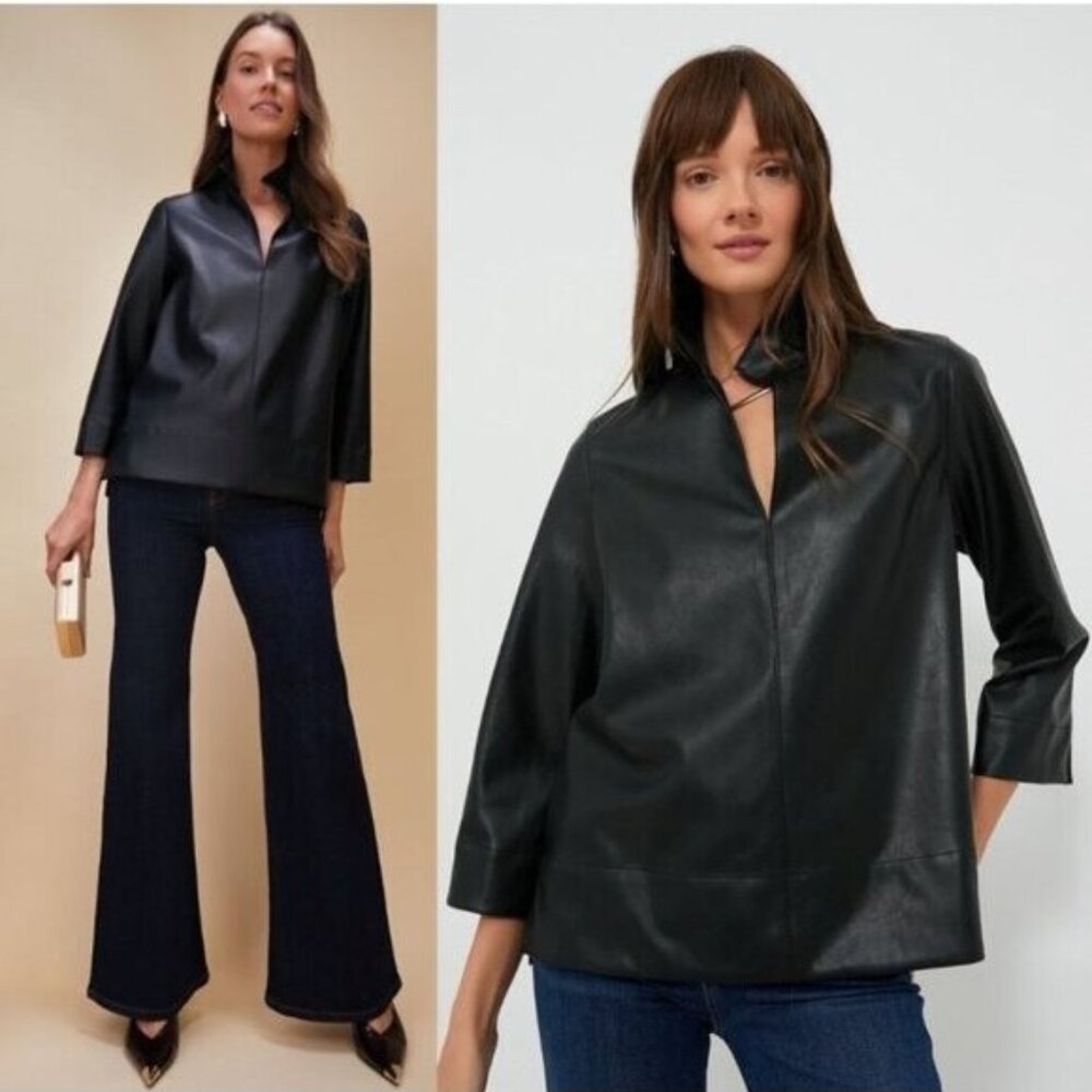 Tuckernuck NEW Black Faux Leather Chic Edgy Collared Margot Top Size XS